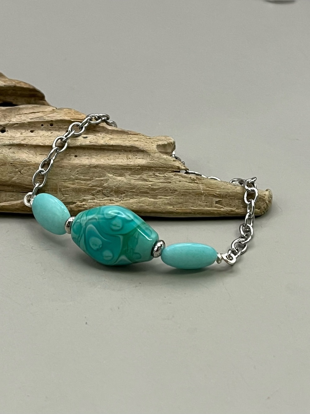 Amazonite + Fused Glass Chain Bracelet Silver Tone Aqua Blue Artisan Boho